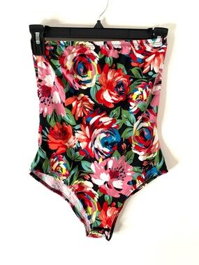 Y2K Strapless Floral Bodysuit Red Blue Pink Tropical Print Stretch Snap Closure